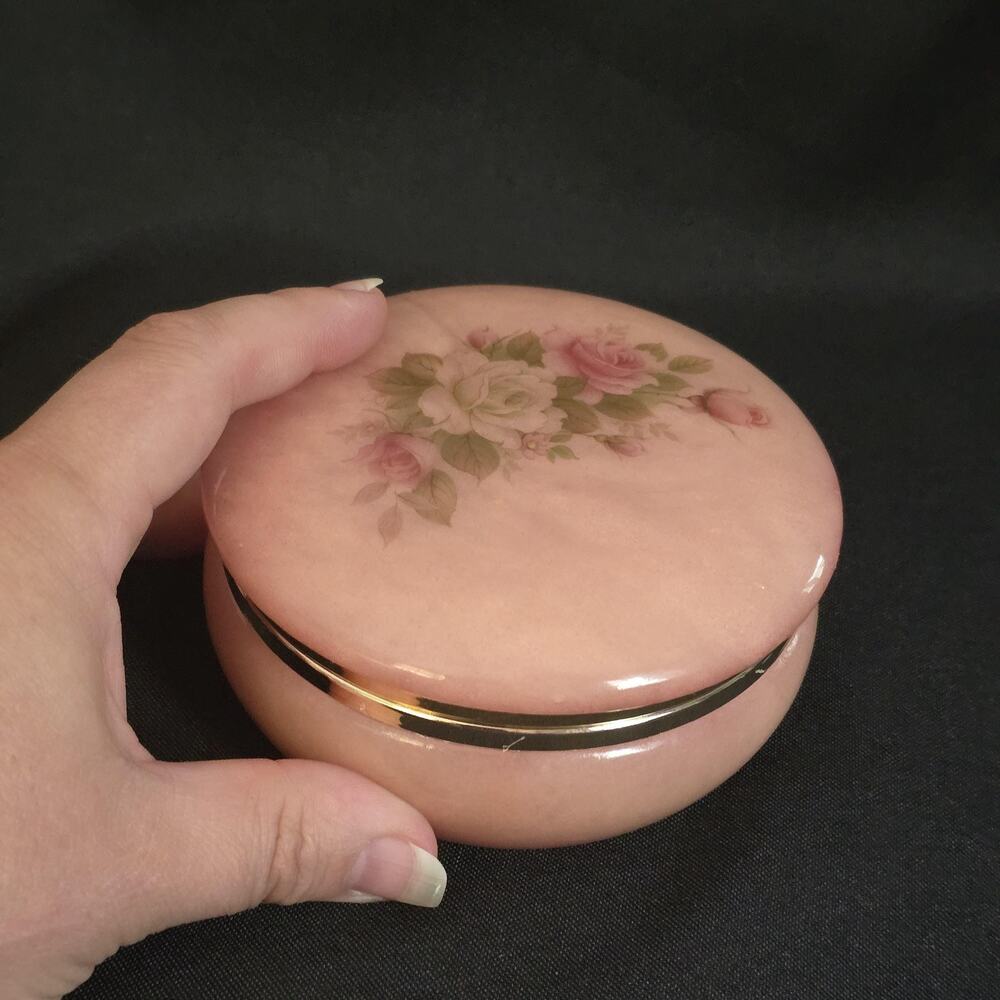 Vintage Pink Alabaster Jewelry Box Rose Floral Hinged Trinket Keepsake Box